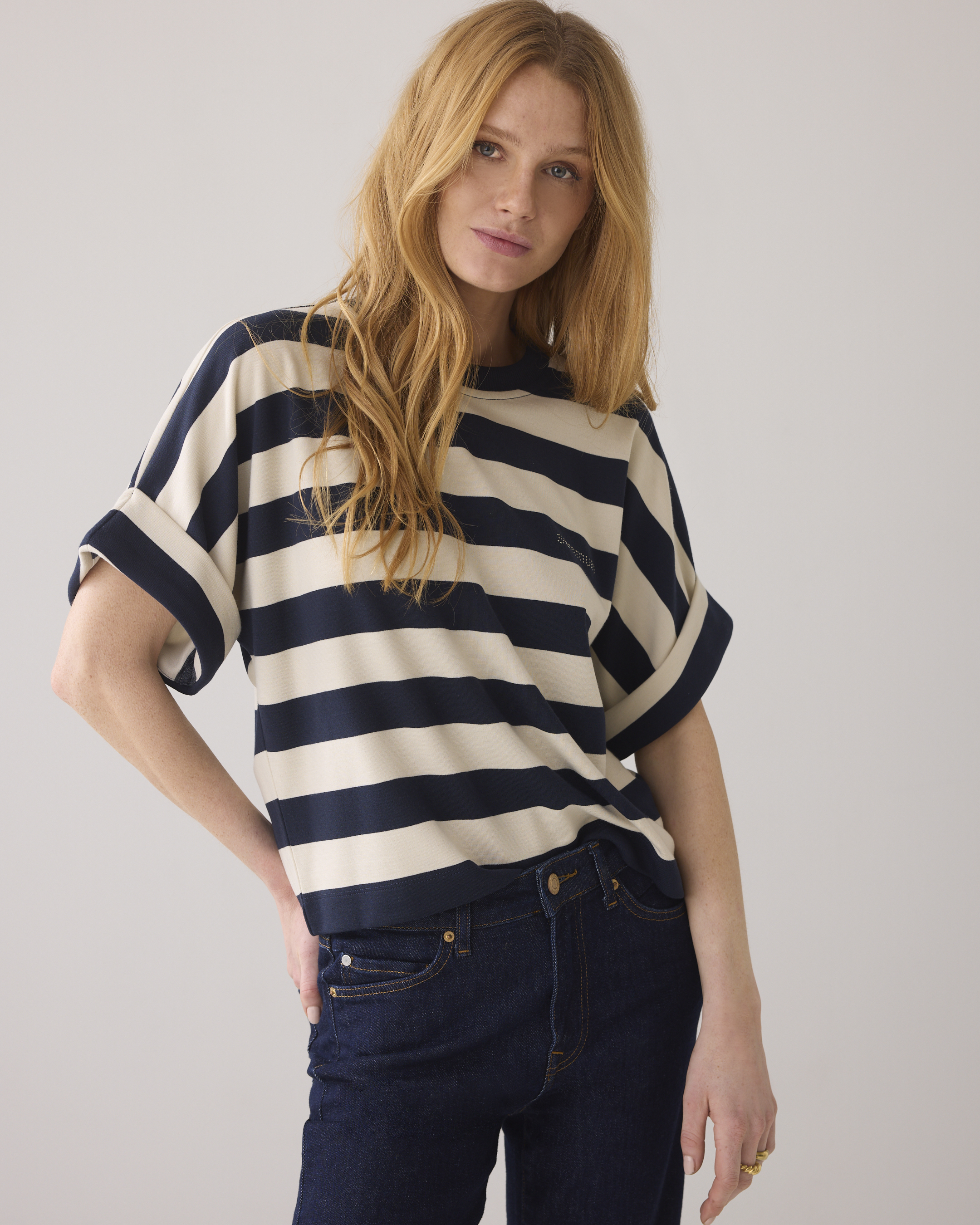 Summum Boxy Top Big Stripe Heavy Jersey  Blauw 3s5112-30681