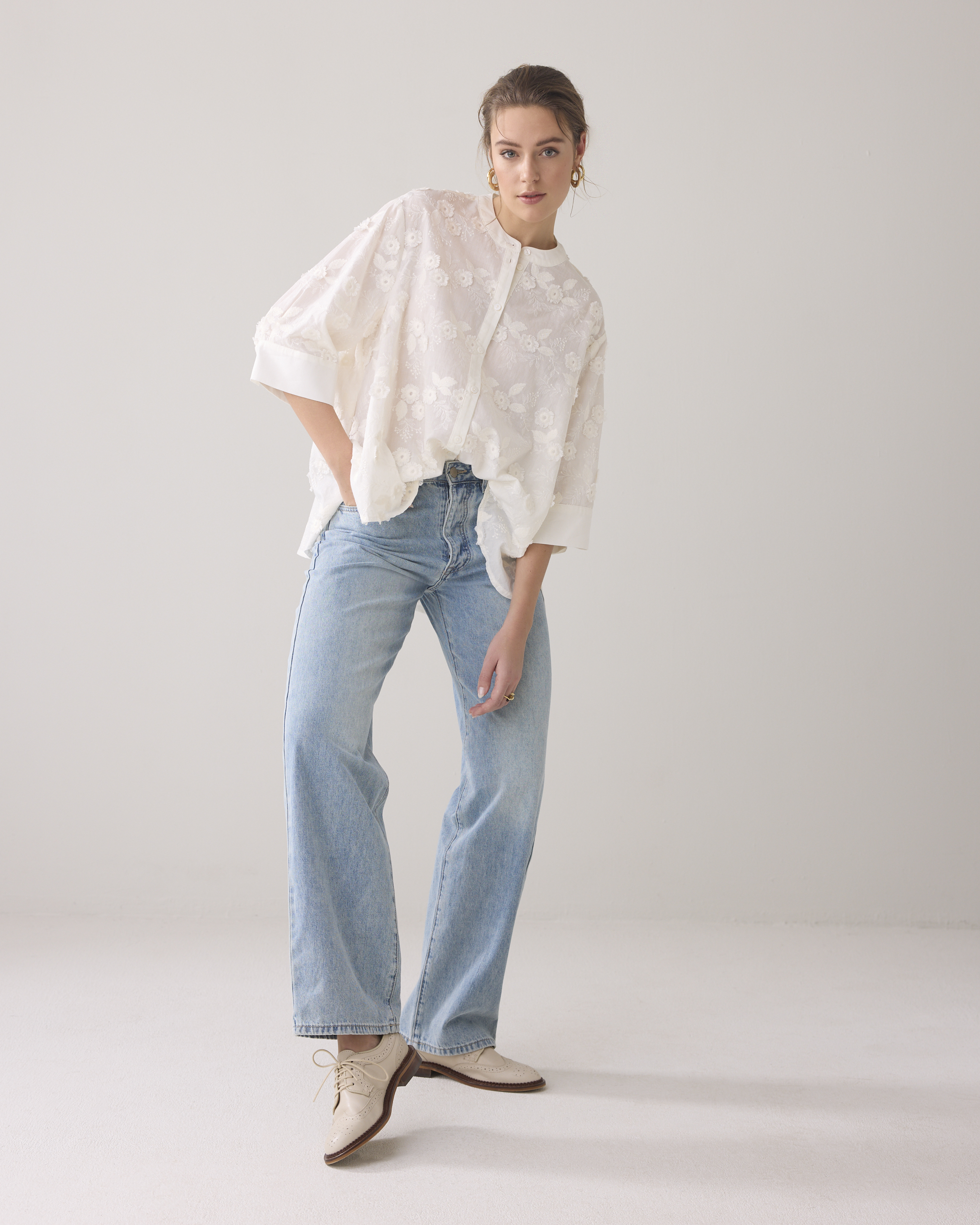 Summum 3/4 Sleeve Blouse 3d Flower Cotton  Off White 2s3054-12183