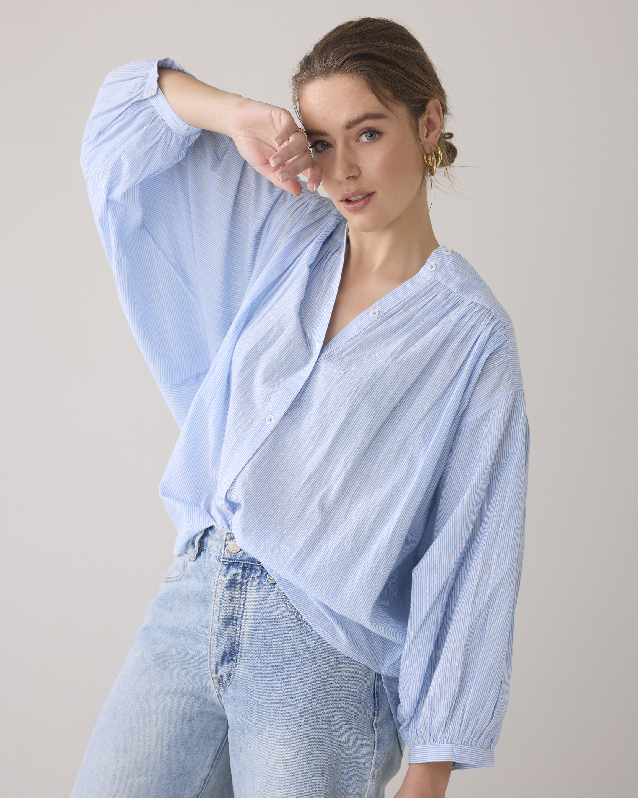 Summum Oversized Blouse Micro Stripe  Blauw 2s2925-12189