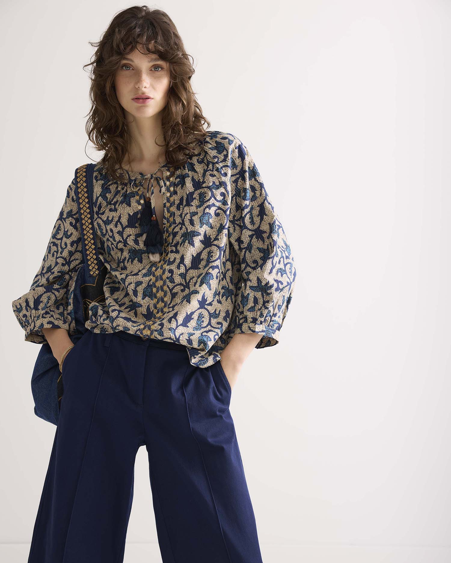 Summum 3/4 Sleeve Top Block Print  Blauw 2s3120-12212