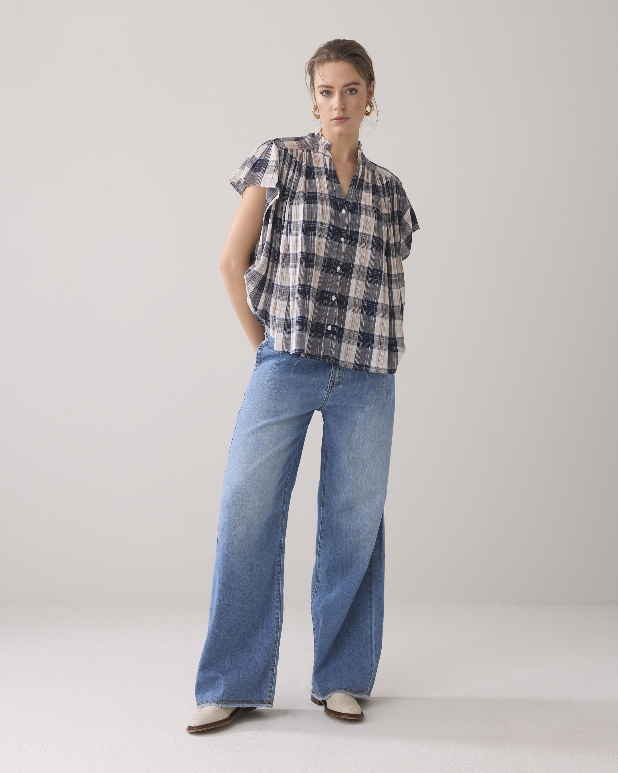 Summum Sleeveless Blouse Crinkle Check  Blauw 2s3276-12217