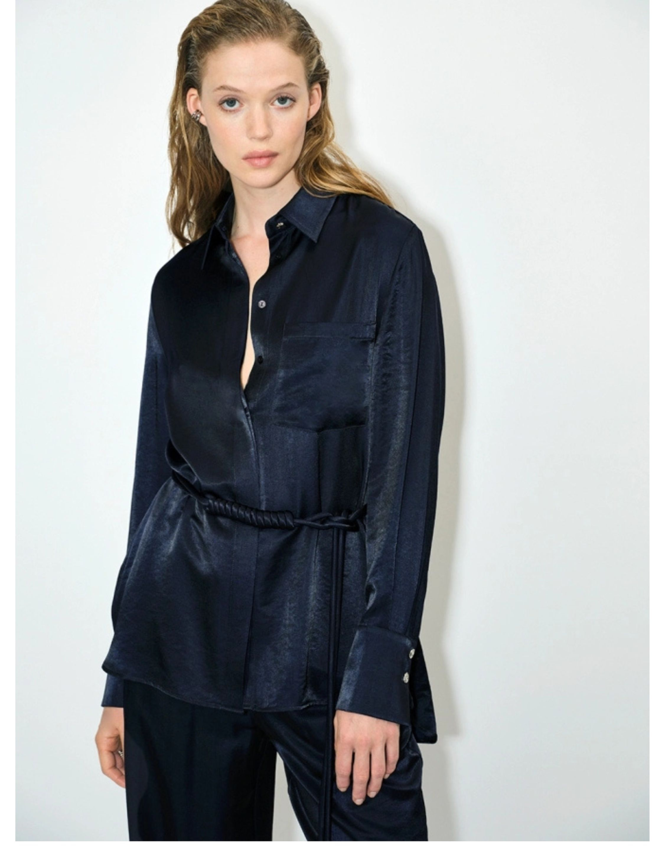 Dante 6 Joni Belted Oversized Shirt Blouses Donkerblauw 244133
