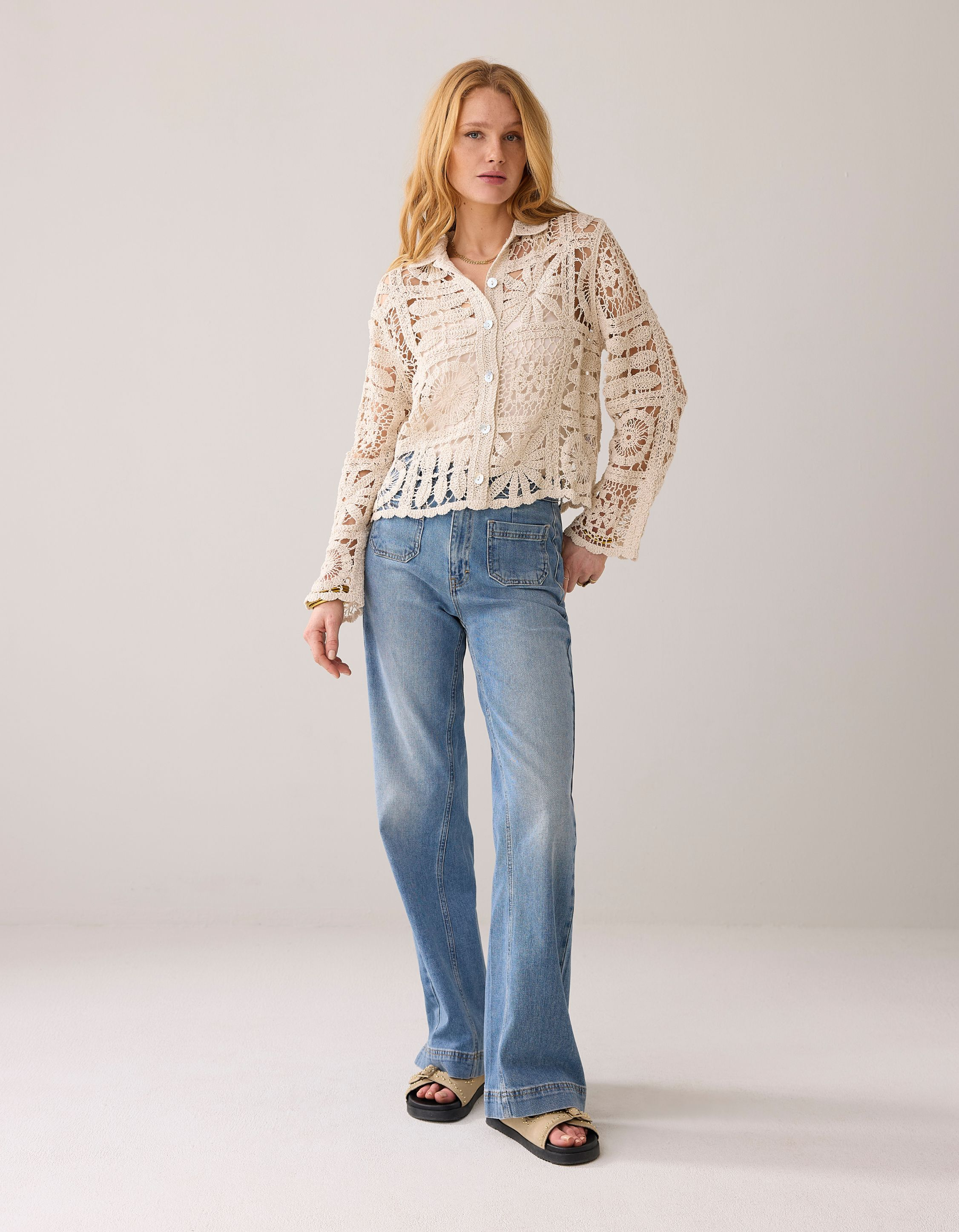 Summum Short Cardigan Flower Crochet Knit  Beige 7s7920-70021