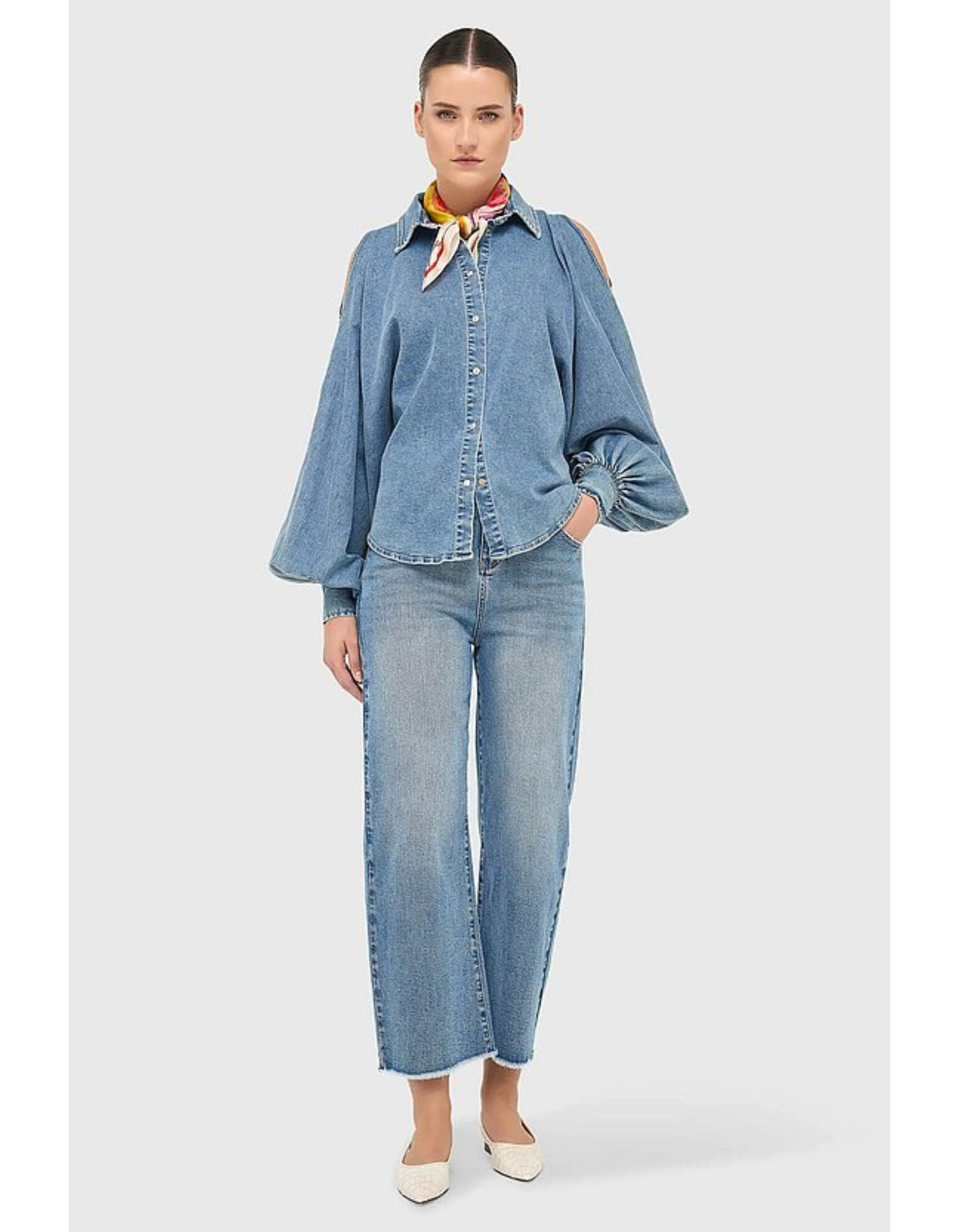Janice Wijde Mouw Pof Blouses Blauw Stone Pofmouw