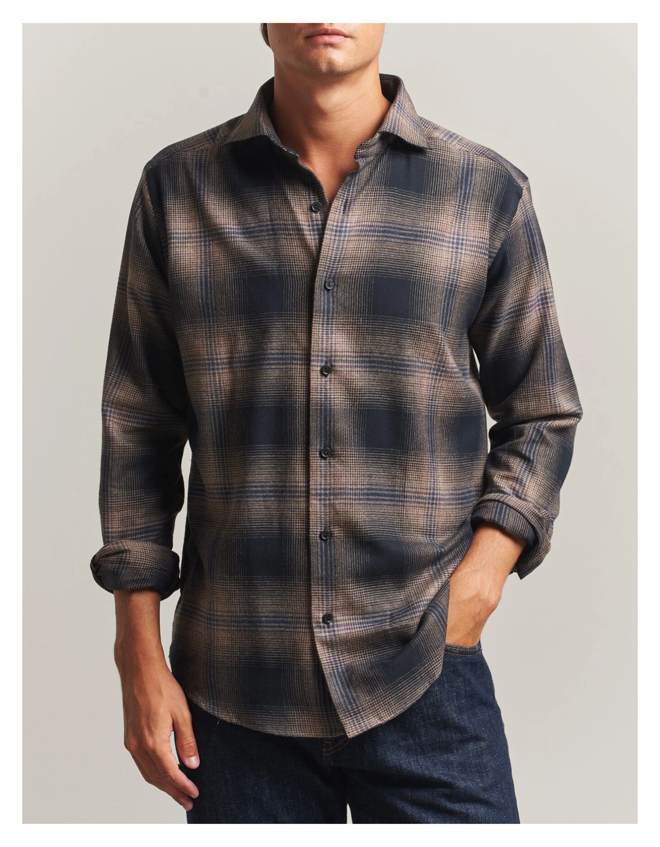 Eton Plaid Check Flannel Lange Mouw Overhemden Bruin 100015755