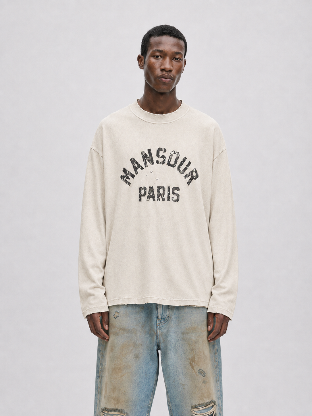 Mansour Paris College Destroyed Ls Longsleeves Beige Paris College Destroyed Ls