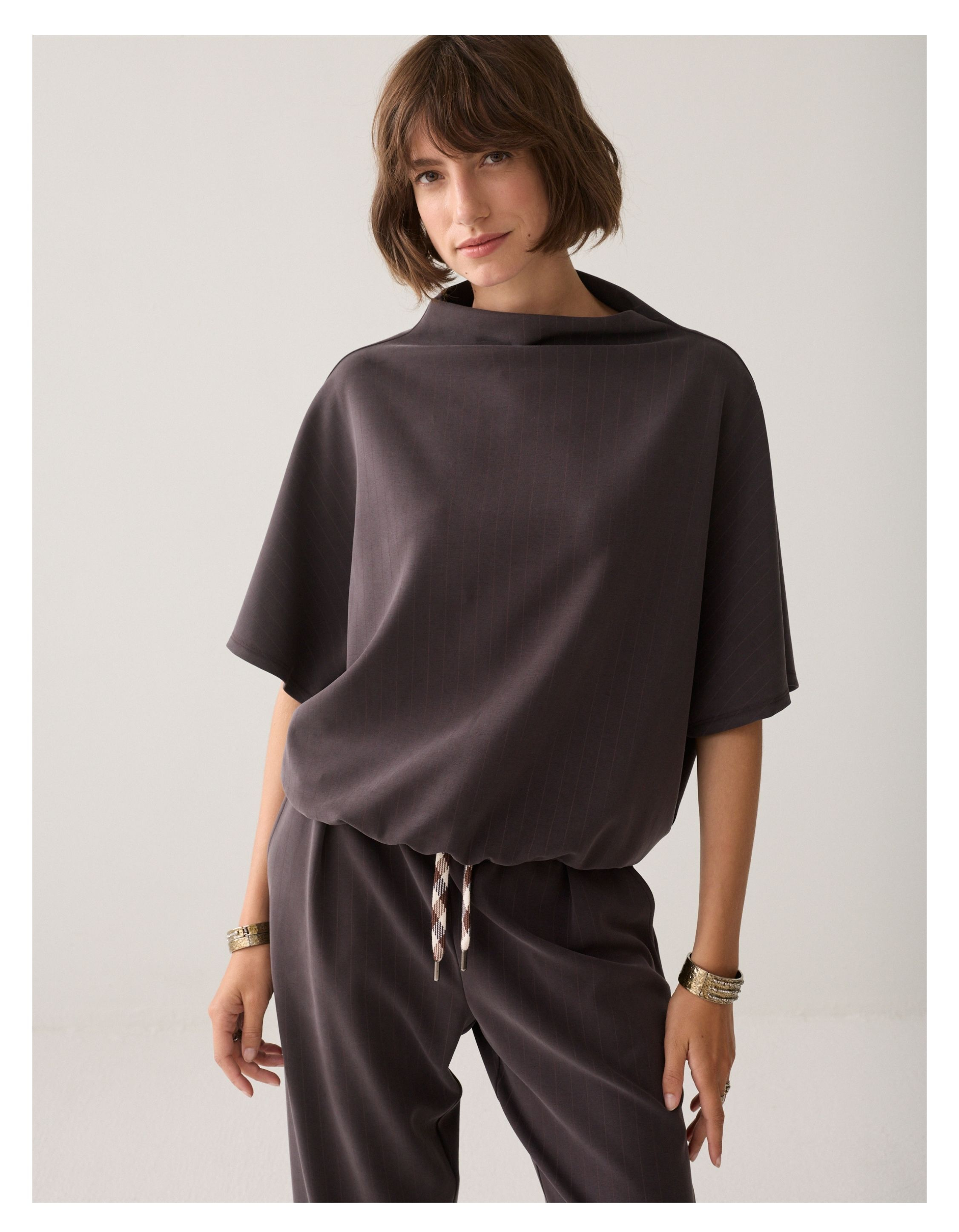 Summum Sleevles Top Pinstripe Scuba T-shirts Donkerbruin 3s5363-30716