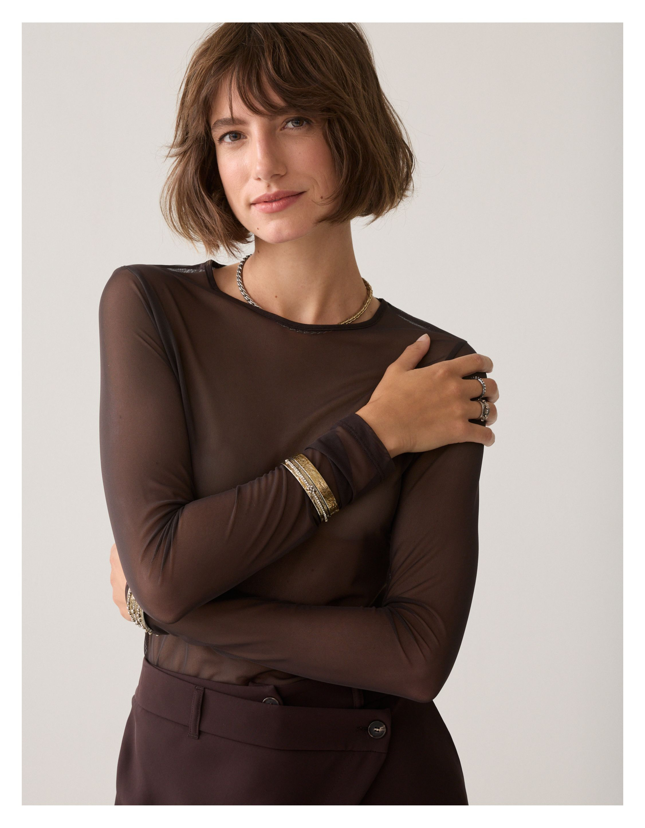 Summum Round Neck Top Long Sleeve Mesh Solid Longsleeves Donkerbruin 3s5394-30180