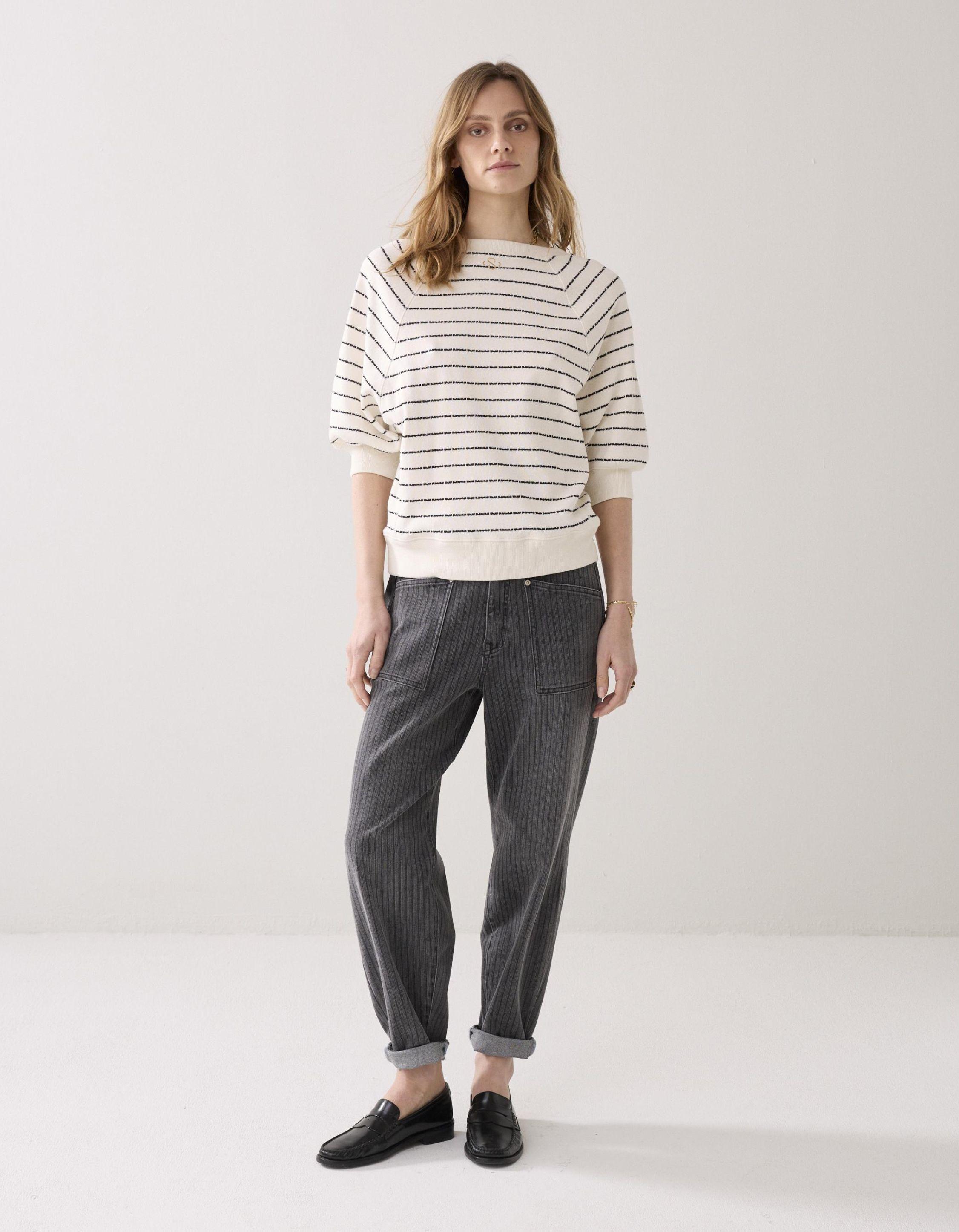 Summum Jersey Striped Sweat  Ecru 3s5252-30772