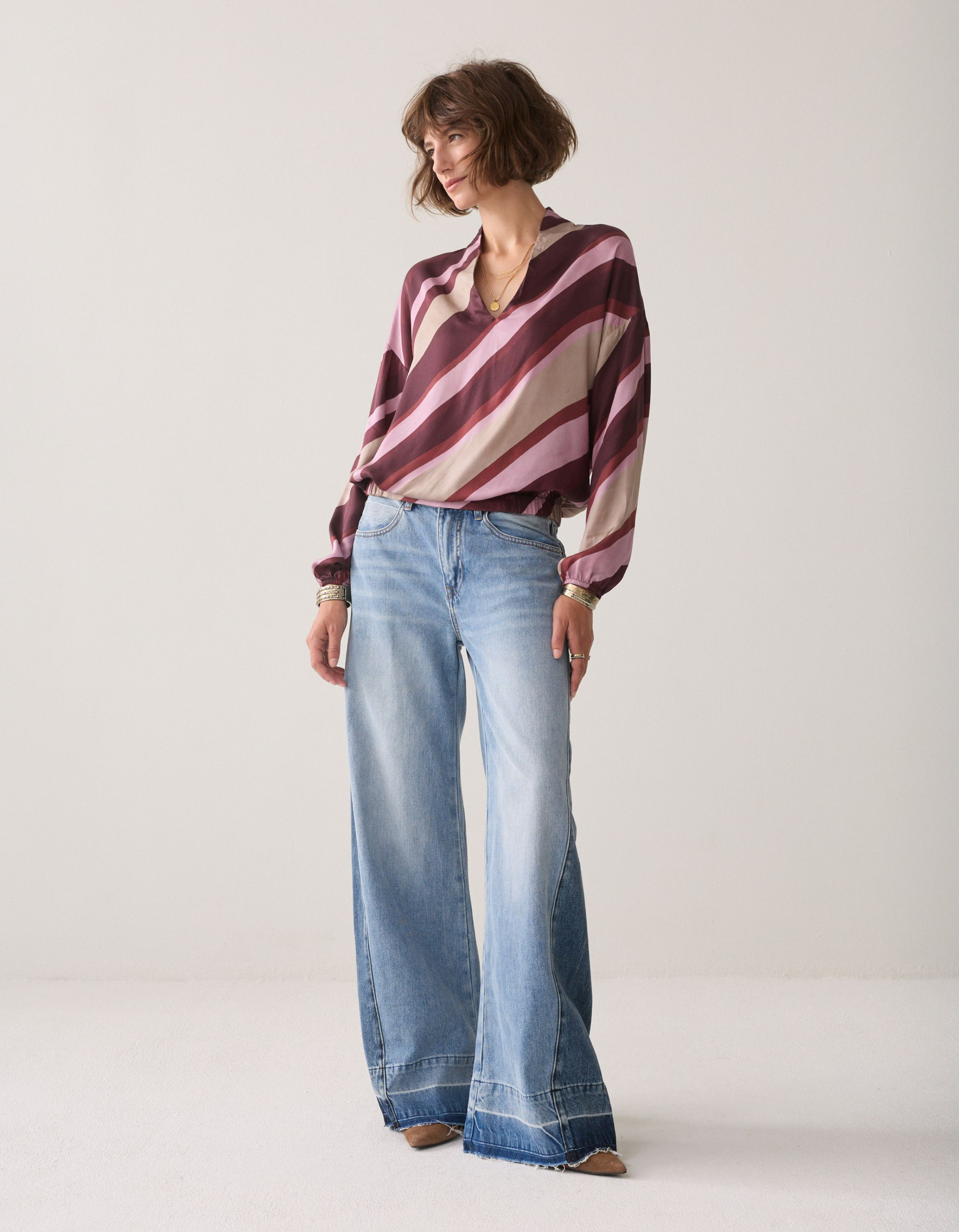 Summum Top V Neck Stripe Printed Blouses Multicolor 2s3560-12488