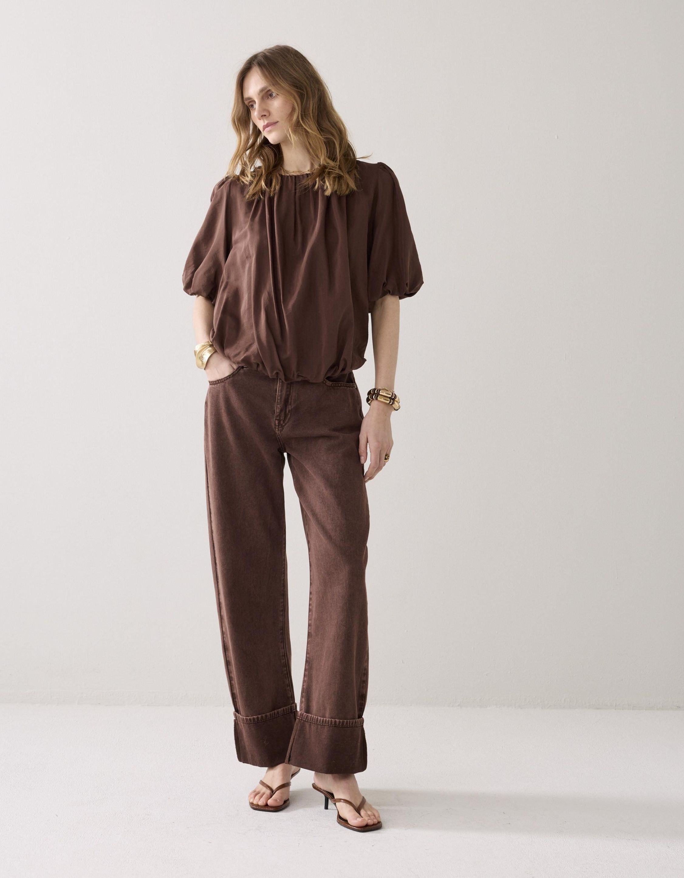 Summum Top Balloon Sleeves Viscose Cotton  Bruin 2s3442-12370