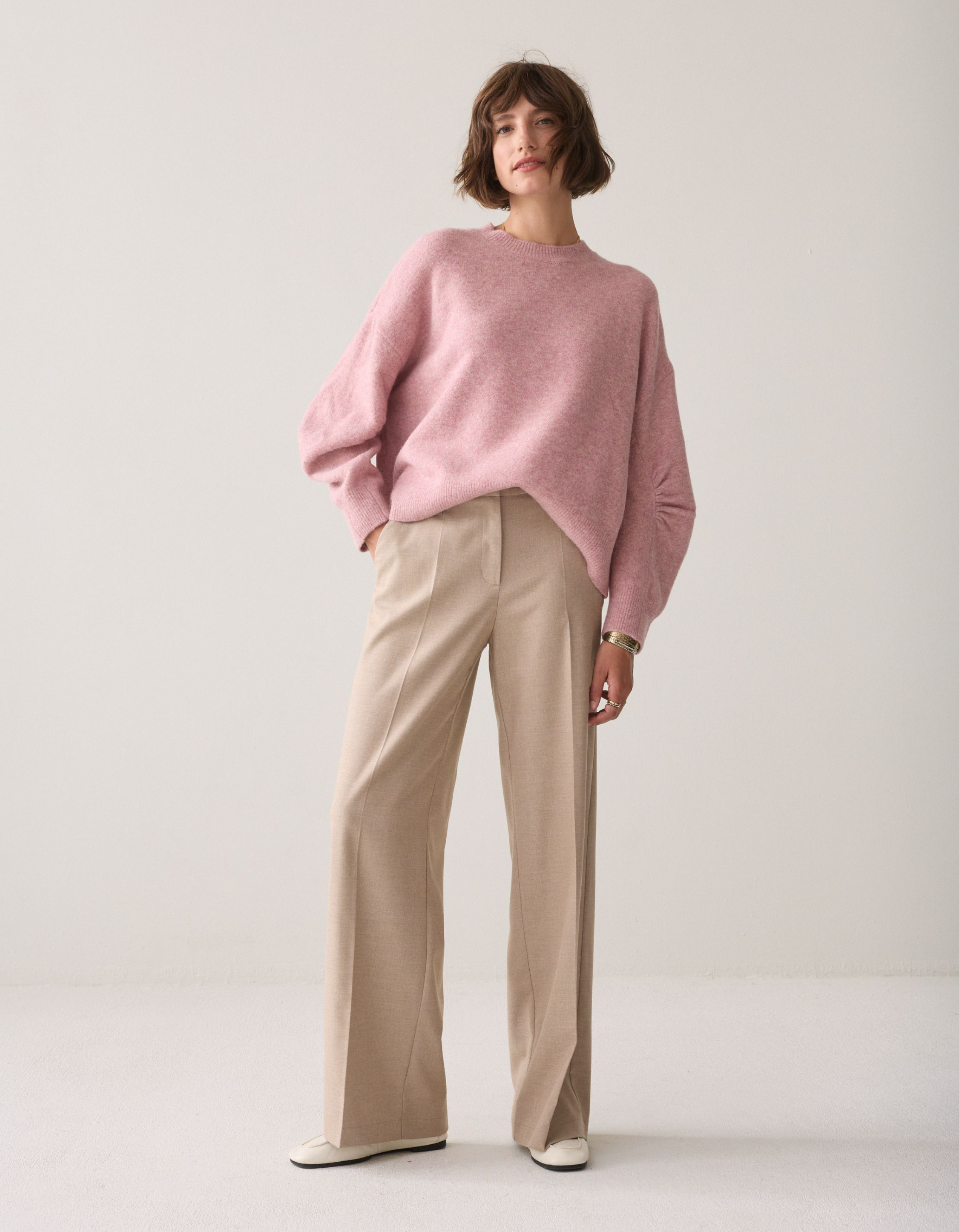 Summum Trousers Wide Leg Twill Melange Pantalons Beige 4s3047-12481