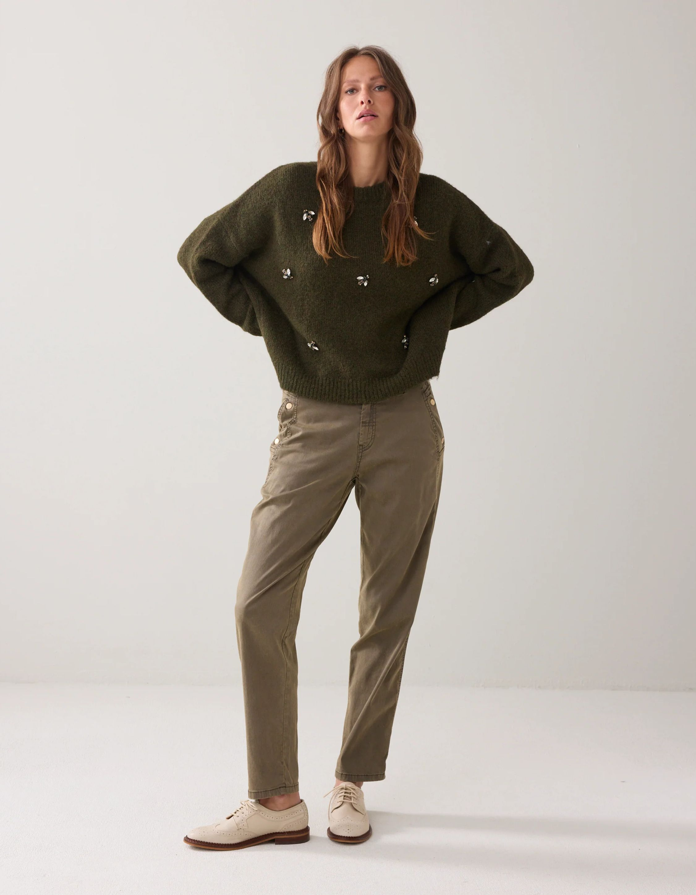 Summum Embellished Sweater Cozy Melange Knit Sweaters Khaki 7s7944-7997