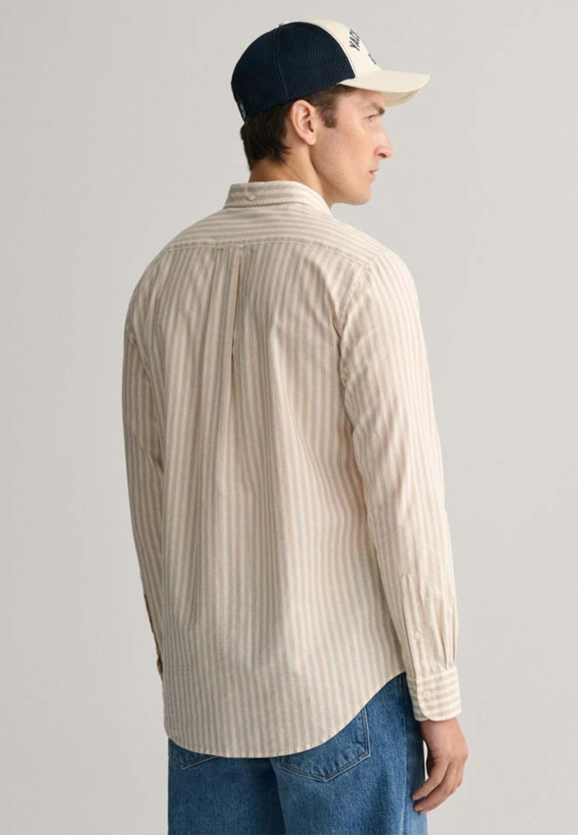 Gant Reg Cotton Lange Mouw Overhemden Beige Reg Cotton Linen Stripe