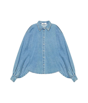 Janice Wijde Mouw Pof Blouses Blauw Stone Pofmouw