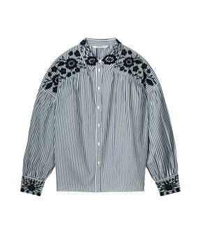 Summum Longsleeve Blouse Stripe Cotton  Donkerblauw 2s3228-12011