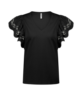 Summum Butterfly Sleeve Top With Lace Tops Zwart 3s5025-30609