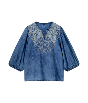 Summum Shortsleeve Top Cotton Indigo Sateen  Blauw 2s3217-11631